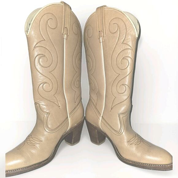 Vintage ACME Boots Pull On Heeled Tan Leather Women's 7.5 Medium - Picture 4 of 12